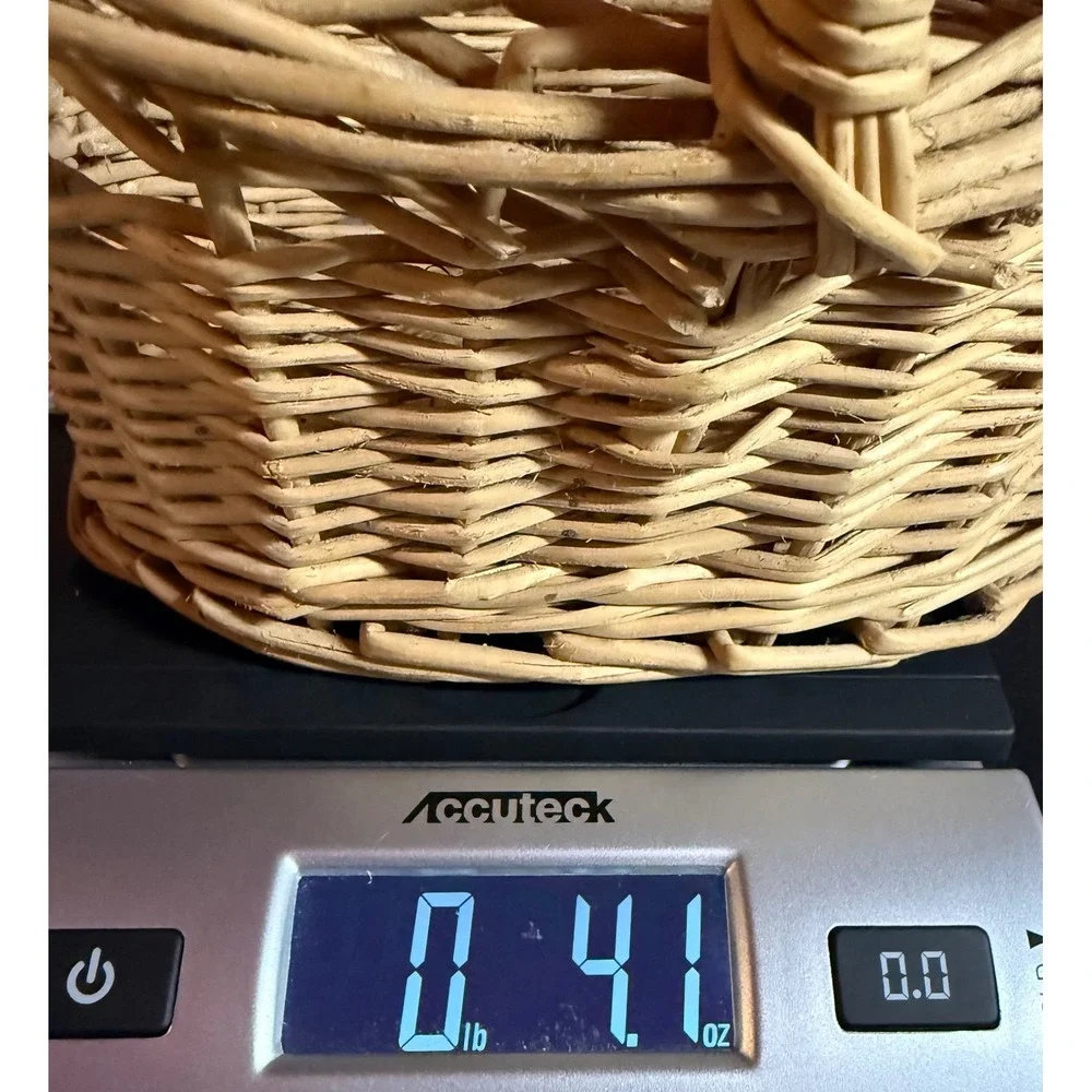 Vintage Rustic Woven Wicker Basket with High Handle Scalloped Rim Tan Willow‎